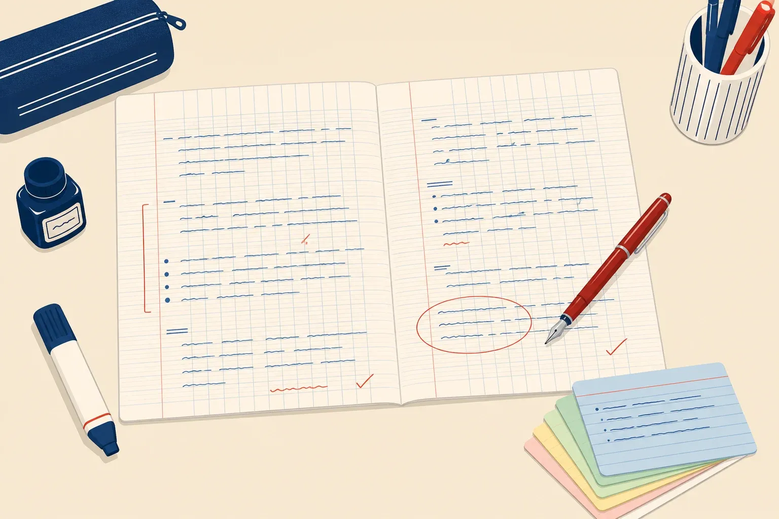 Une copie double annotée au stylo rouge, posée sur un bureau de lycéen